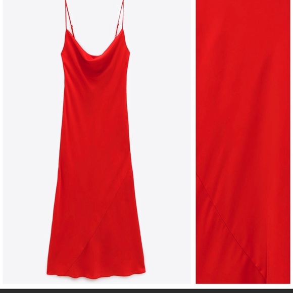 Zara bright Red Satin Effect Lingerie Style maxi Cowl Neck Dress Size XS NWT - Picture 10 of 16